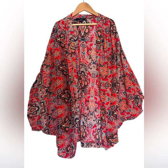 Honey Punch Mixed Print Bohemian Kimono Red and Blue Large Lightning - Picture 3 of 7